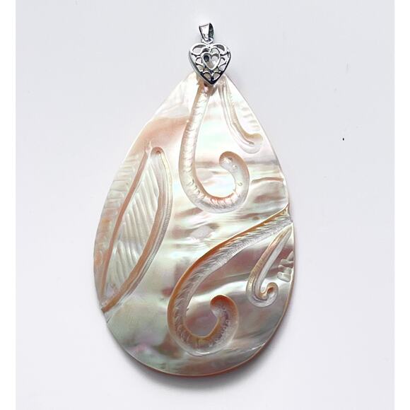 Mother Of Pearl SHELL PENDANT For Necklace LG 3.5" Teardrop 18K GF Silver Heart - Picture 1 of 5